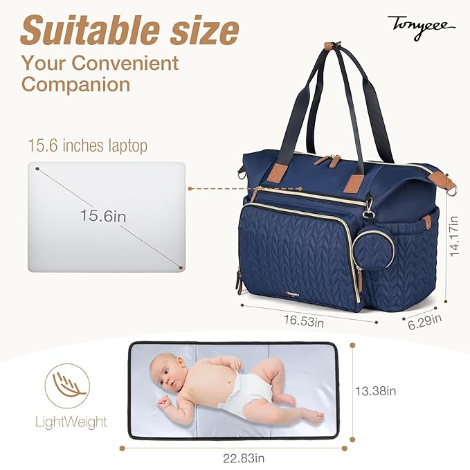 Diaper Bag Tote, Large Baby Diaper Bags Waterproof, Hospital Bag for Labor Delivery with Pacifier Case, Changing Pad, Shoulder Strap, Dark Blue