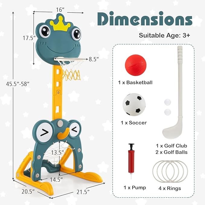 Costzon Toddler Basketball Hoop, 4-in-1 Kids Sports Activity Center with Rim, Soccer Goal, Golf, Ring Toss, Height Adjustable Kids Basketball Hoop with Fillable Base for Indoor Outdoor (Green Frog)