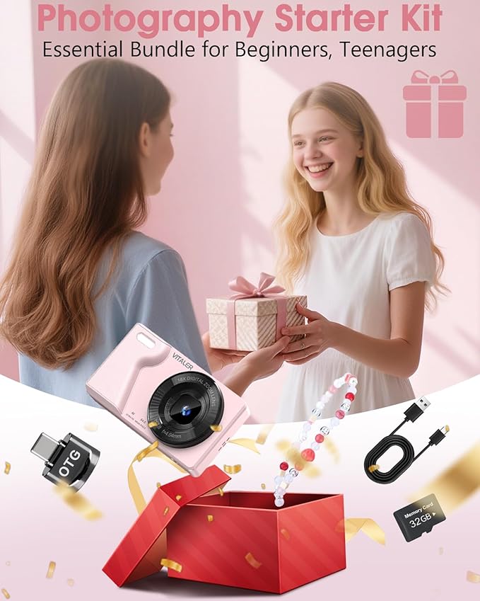 Digital Camera with Front Rear Lens, Autofocus 64MP 4K Camera for Photography with 32GB Card, Portable Compact Point and Shoot Camera for Teens Adult Beginner with Metal Shell, 2000mAh Battery