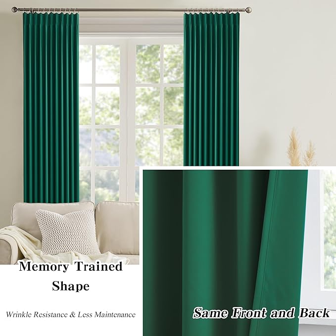 KEQIAOSUOCAI 92 Inch Dark Green Pinch Pleated Blackout Curtains for Living Room - Summer Decor Thermal Insulated Christmas Green Track Curtain with Hooks，40 x 92 Inches Long-2 Panels Set