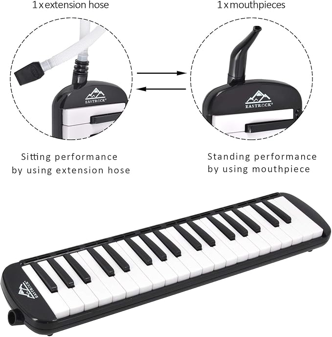 EastRock 37 Key Melodica Instrument Air Piano Keyboard Soprano style Pianica with Mouthpiece Tube Sets and Carrying Bag Black
