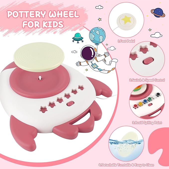 deAO Pottery Wheel for Kids Complete Painting Set for Beginners Mini Pottery Wheel Kit with Air Dry Clay Tools, Arts & Crafts Clay Wheel Toys Birthday Gifts for Girls Boys Age 3+ (Red)
