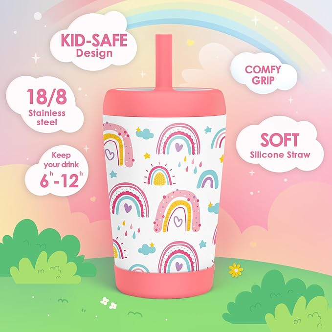 Kid Insulated Stainless Steel Tumbler with Silicone Straw, 12oz Sippy Cup for Kids (Sweet Rainbows)