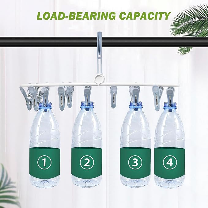 Clothes Drying Hanger with 12 Clips, 2 Pack Folding Portable Hanging Drying Rack,Drip Foldable Hanging Rack, 360° Rotatable Hook for Drying Towels Bras Baby Clothes Gloves Plastic(Blue&Green)