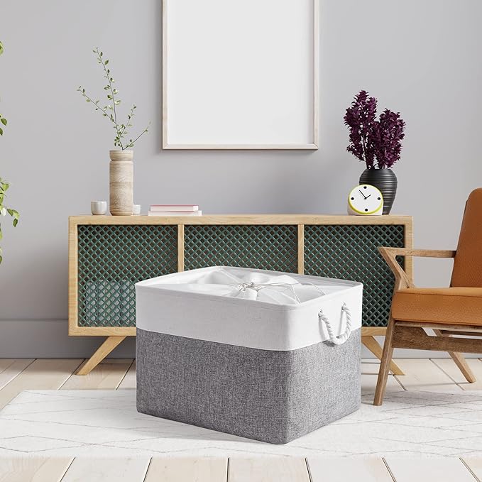 TheWarmHome Storage Bins Baskets for Organizing, 20.5L×15.7W×13.8H 3 Pack Sturdy Fabric Storage Basket W/Handles, Decorative Foldable Storage Baskets for Shelves Closet Nursery Toy (White & Grey)