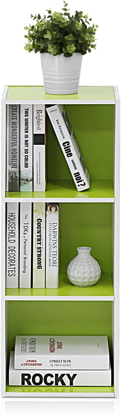 Furinno Pasir 3-Tier Open Shelf Bookcase, White/Green 11003WH/GR