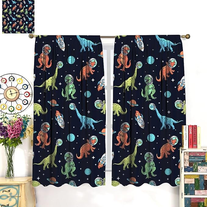 Cartoon Dinosaur Curtains for Kids Boys Girls Home Decor, Astronaut Rocket Funny Outer Space Blackout Rod Pocket Window Drapes for Bedroom Living Room W27.5xL63in 2 Panels