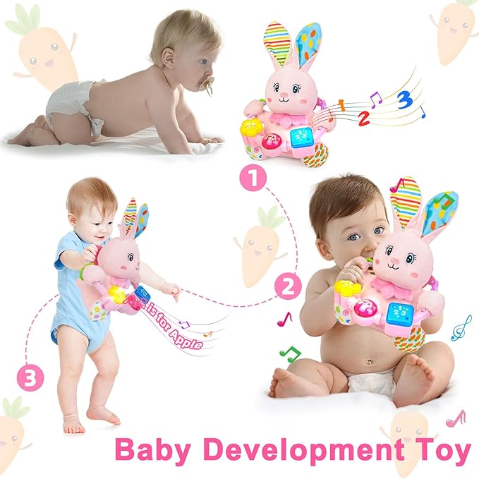 Baby Rabbit Musical Stuffed Animals Toy,Infant Bunny Bilingual Early Learning Education Toy with Light-Up Music & Crinkle,1st Easter Basket Shower Stuffers for 0 1 2 3 6 9 12 18 Month Girl,Pink