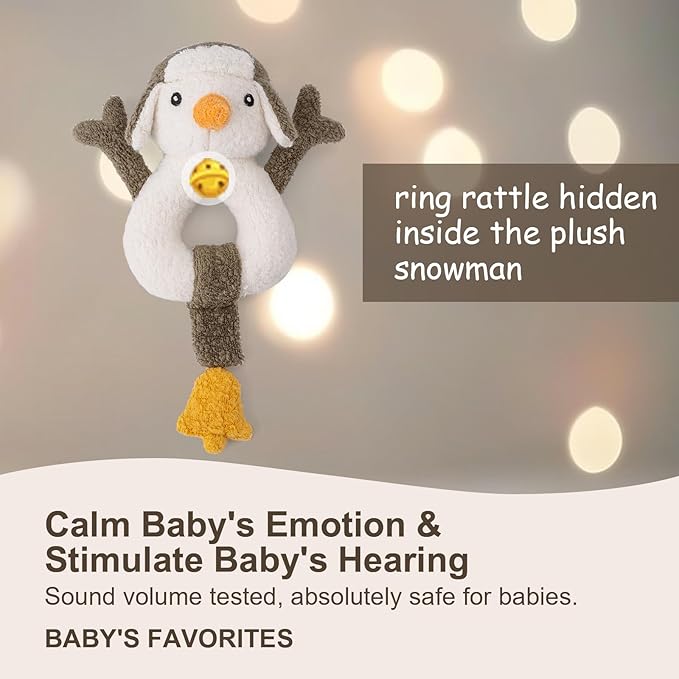 Organic Cotton Stuffed Animal Rattle Baby Toys, Plush Snowman Cuddle Cloth and Hand Grip Ring Rattles Plush Toy Set for Newborns Infant Boys Girls, 2 PCS