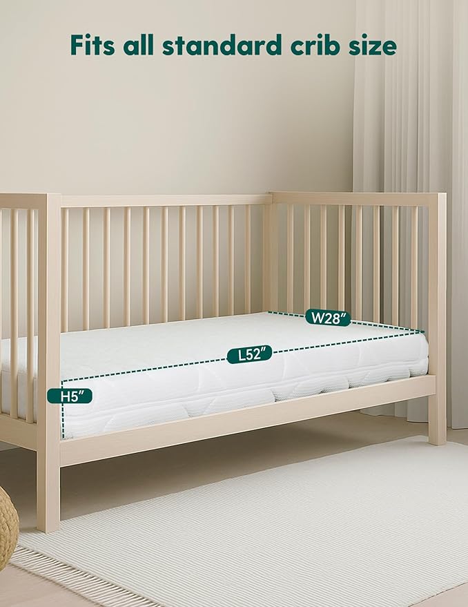 BABELIO Crib Mattress Ultra-Breathable 100% Washable Core Dual Sided Baby Toddler Mattress with Removable Machine-Washable Cover 52" x 28"