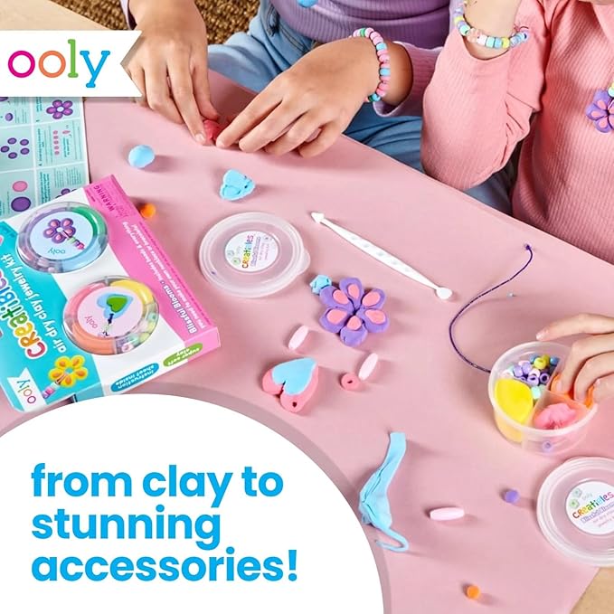 Ooly Creatibles Air Dry Clay Jewelry Kit for Kids, DIY Art Jewelry Making Kit with 6 Clay Colors, Beads, Shaping Tool, and Elastic Yarn, Non-Toxic Summer Crafts for Kids Ages 6 and Up