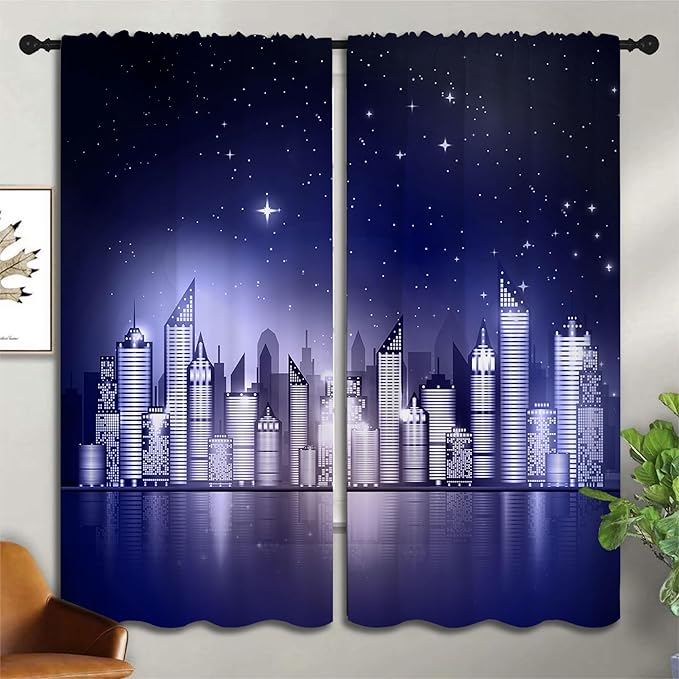 City Rod Pocket Blackout Curtains for Boy Girl Bedroom, New York Skyline Modern City Starry Sky Night View Home Energy Efficient Light Filtering Window Curtain for Living Room, 63x63 inch