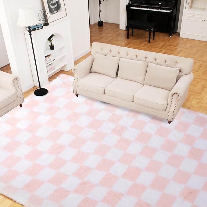 Super Soft Rug for Bedroom, 6x9 Ft Pink and White Area Rug Classic Checkered Shaggy Anti-Skid High Pile Soft Fluffy Rug Fuzzy Carpet for Living Room Bedroom Kids Room Nursery, Dorm Home Decor