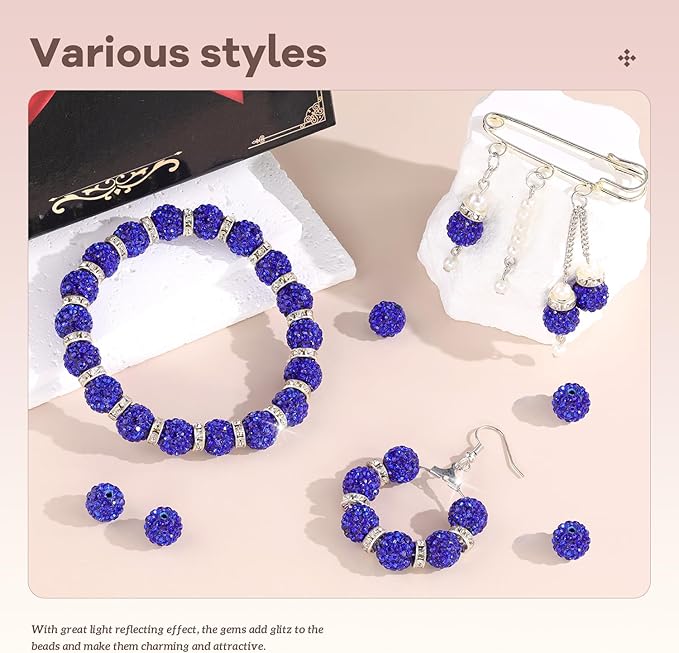 200pcs 10mm Rhinestone Beads for Jewelry Making, Dark Blue Shiny Round Disco Ball Beads Bulk, Sparkle Crystal Clay Christmas for Bracelet Baseball Necklace Earring Crafting and DIY