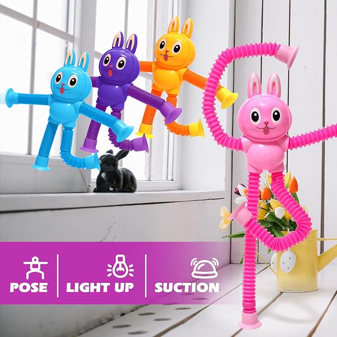 Easter Bunny LED Pop Tubes Light Up 4 Pcs Sensory Fidget Toys, Telescopic Suction Cup Easter Basket Stuffers Easter Egg Fillers Toys Party Favors Game Prizes Goody Bags Treats Gifts for Kids 3+