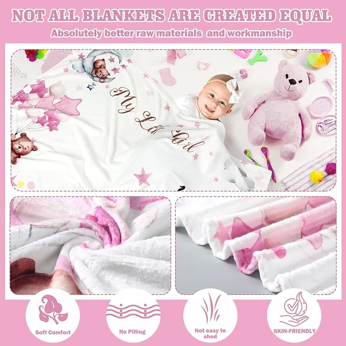 Sleeping Bear Monthly Baby Milestone Blanket Bear Star Balloon Flannel Blanket Boy Newborn Infant Swaddle Growth Chart Baby with Frame for Boys Girls Nursery (Pink)