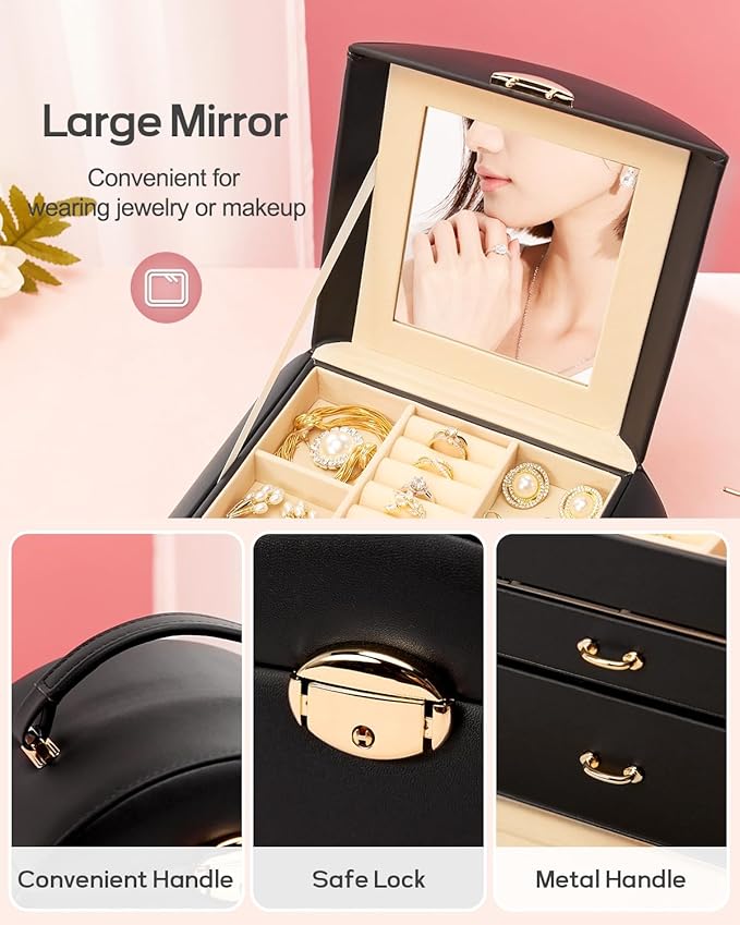 Homde Girls Jewelry Box Jewelry Storage Case Organizer with Mirror for Rings, Earrings, Bracelets, Necklaces (Black + Gold)