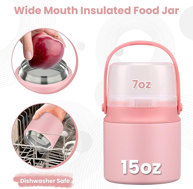 2-in-1 Insulated Food Jar & Snack Container - 15oz Kids Soup Thermos for Hot Food with Handle and Spoon, Leak Proof Reusable Toddler Snack Box, Perfect for School & Travel, Pink