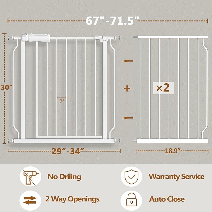 Fairy Baby Extra Wide Baby Gates 67-71.5 Inch, Auto Close Child Safety Gates for Stairway Banister Doorways Hallway,Indoor Safety Child Gates for Kids or Pets