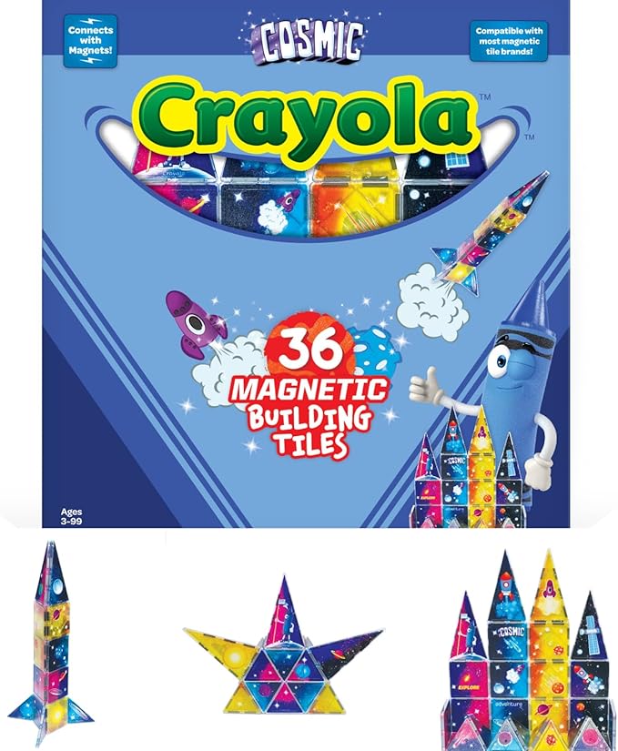 CreateOn Crayola Cosmic Magnetic Tiles, Building Set for Kids, Magnetic Building Toys for Kids, STEM Learning Toys for Boys and Girls Ages 3 and Up - 36-Pieces (Cosmic)
