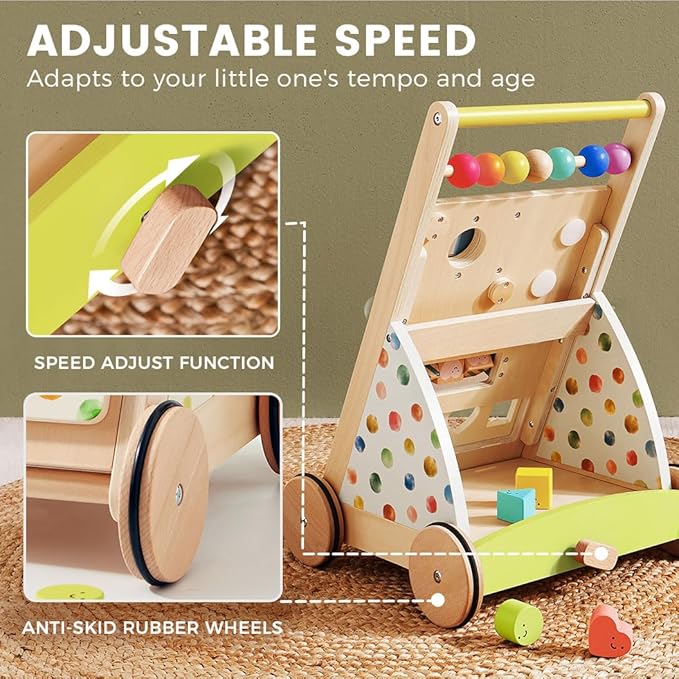 Tiny Land Wooden Baby Walker, Adjustable Speed Baby Push Walker for Boys and Girls, Montessori Activity Center Push Toy for Kids Development (Rainbow)