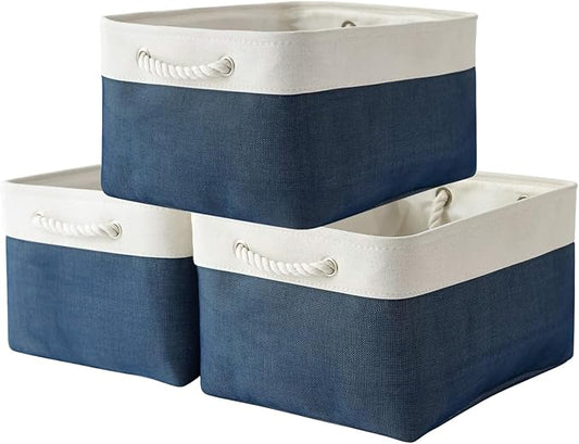 Organization and Storage Basket for Shelves - 16x12x8 inch Large 3 Pack Canvas Storage Bin Collapsible Baskets for Organizing, Fabric Storage Cubes for Cloth Laundry (White&Deep Blue)