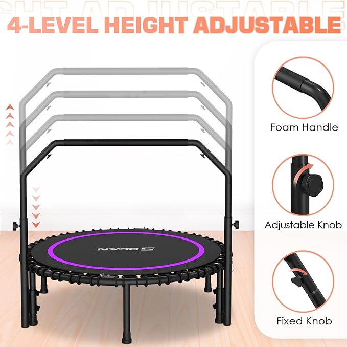 BCAN 40"/48" Mini Rebounder Trampoline for Adults with Bar, 450/550LBS Fitness Trampoline with Bungees, Adjustable Handle, Stable & Quiet, Indoor Outdoor, Whole-Body Workout & Relaxation at Home