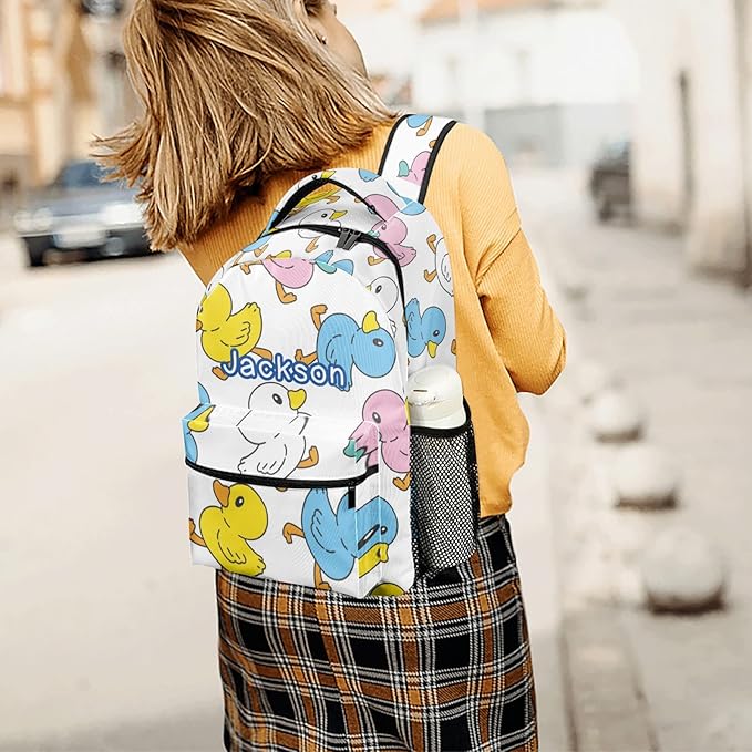 Duck Cartoon Doodle Custom Kids Backpack for Boy Girl, Personalized Waterproof Child School Travel Bag with Name, 16.5’’ X 12.2’’ X 5.9’’