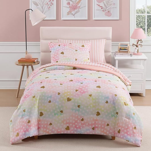 Twin Comforter Set with Sheets for Girls-5 Pieces Twin Bedding Sets with Pink Comforter, Sheets, Pillowcase & Sham for Kids (Colorful Gold Heart, 66" X 86")