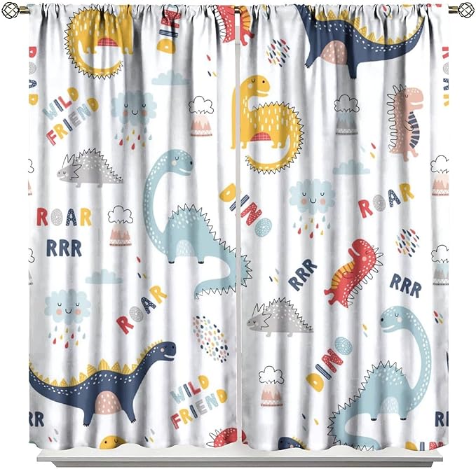 Cartoon Dinosaur Curtains for Kids Boys Girls Home Decor Colorful Cute Dino Animals Print Pattern Rod Pocket Blackout Window Drapes for Nursery Baby Bedroom Playroom W27.5xL63in 2 Panels