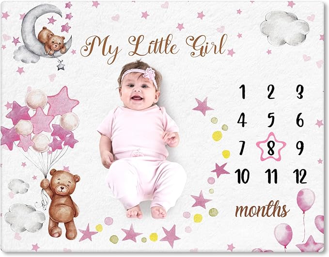 Sleeping Bear Monthly Baby Milestone Blanket Bear Star Balloon Flannel Blanket Boy Newborn Infant Swaddle Growth Chart Baby with Frame for Boys Girls Nursery (Pink)