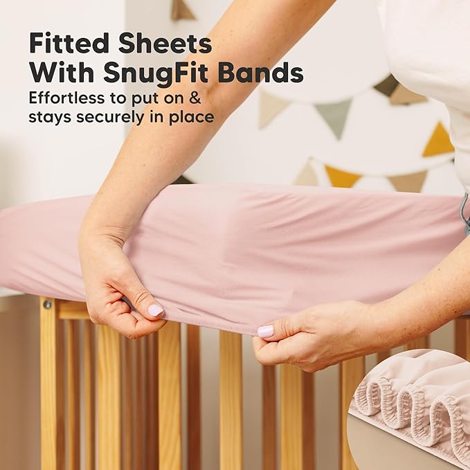 Waterproof Crib Mattress Protector Cover Fitted - 2-Pack Quiet Baby Crib Mattress Pad Sheets, 52" x 28" Soft Quilted Cotton Baby Sheet, Machine Washable, Easy Fit, Durable (Mist Rose/Mavy)