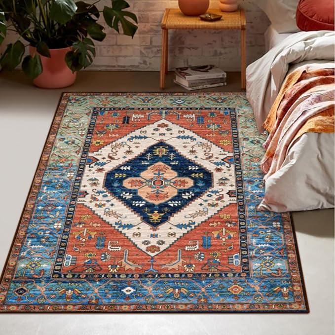 Lahome Boho Rugs for Living Room - 4x6 Area Rug Machine Washable Bedroom Rugs Non-Slip Low-Pile Entryway Carpet Throw Oriental Distressed Kitchen Indoor Floor Carpet for Dining Room Bathroom Office