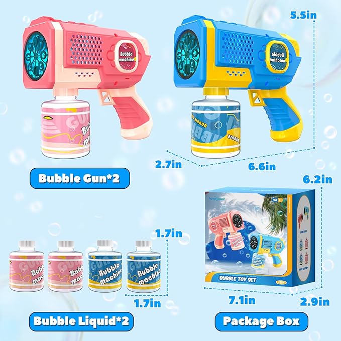 EagleStone 2 Pack Bubble Guns with 4 Bottles Solution, Automatic Bubble Machine Blaster for Kids & Adults – Light Up Summer Toy for Outdoor, Birthday Gifts, Easter, Wedding Party Favor Bubble
