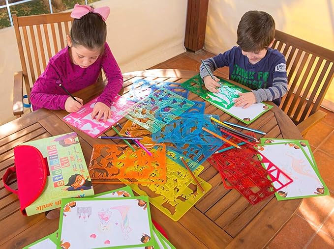Drawing Stencils for Kids Kit & Carry Case – – Child-Safe, Non-Toxic Stencil Set with 300 Shapes, Colored Pencils, Paper, Etc. – Birthday Gifts & Travel Art Supplies for Creativity, Learning and Fun