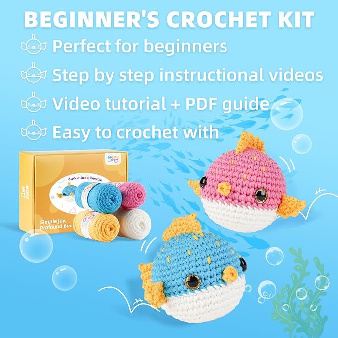 Crochet Kit for Beginners, Learn to Crochet, Include Easy Knitting Soft Yarn, Step-by-Step Video Tutorial, Hook, Holiday Birthday Gift for Adults and Kids(2 Pack Blowfish)