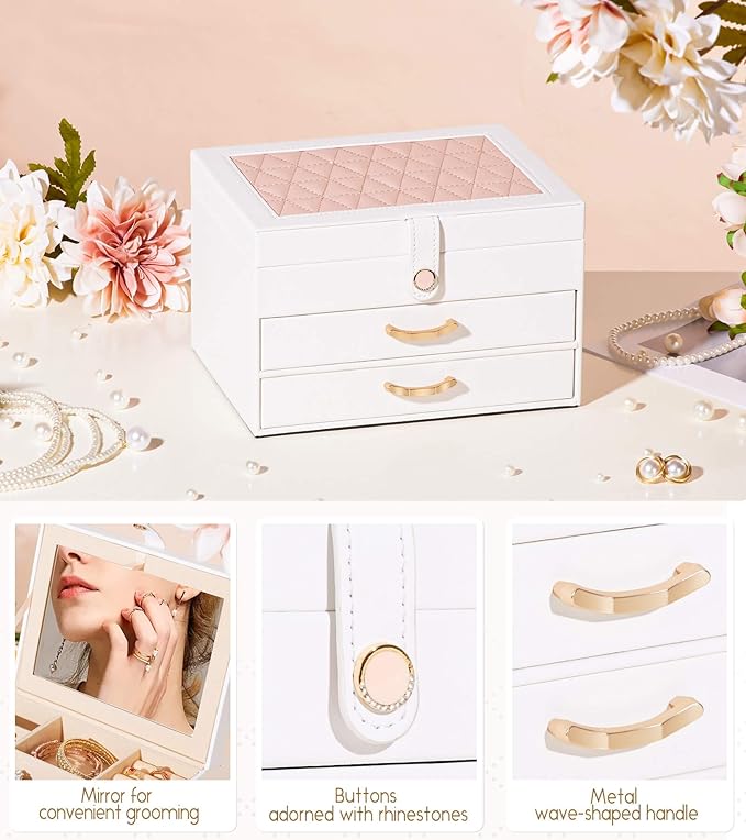 White Jewelry Box Organizer: Home Decor for Women - 2-Drawer Holder for Valentine’s Day Birthday Christmas White Pink