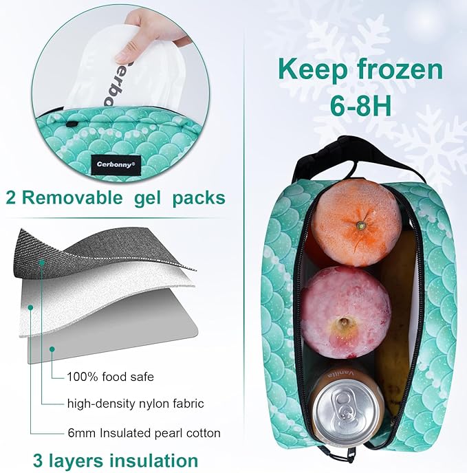 Cerbonny Small Insulated Lunch Bag (Green-Fish, 12.0 quarts) - Freezer Safe, Mini Cooler Bag for Work School Travel, Fits Yogurt, Suitable for Kids/Adults