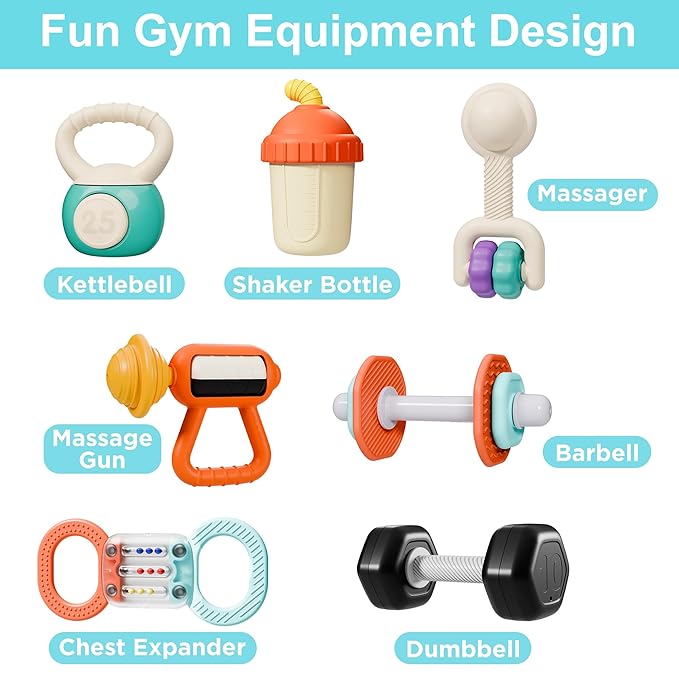 iPlay, iLearn Baby First Gym Rattle Set, Infant Dumbbell Weights Teething Rattles 3-6-12 Month, Newborn Workout Sensory Stroller Toy, Babies Birthday Shower Gift 5 7 8 9 10 Month Toddler Boy Girl-7PCS