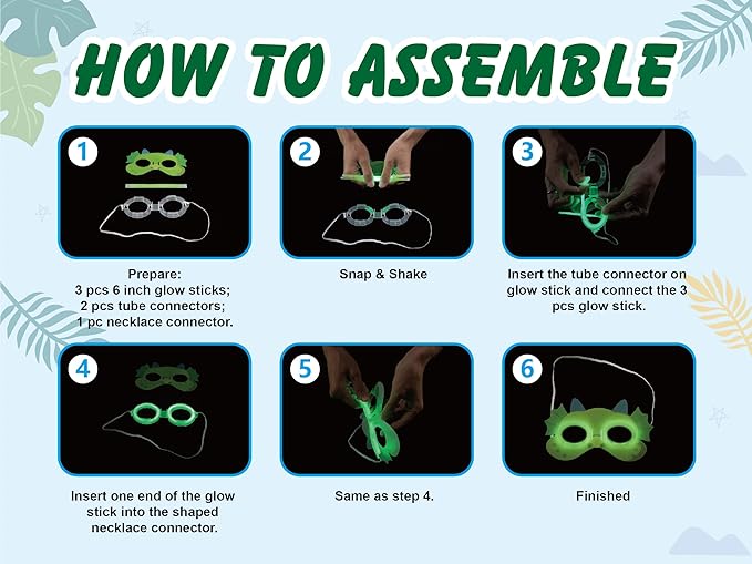 Dinosaur Party Favors Pack – Glow in the Dark Party Supplies | 6 Dinosaur Masks, 6 Bracelets, 6 Necklaces, 6 Wands, 42 Dino Glow Sticks & 80 Stickers | Birthday Classroom Halloween Trick or Treat