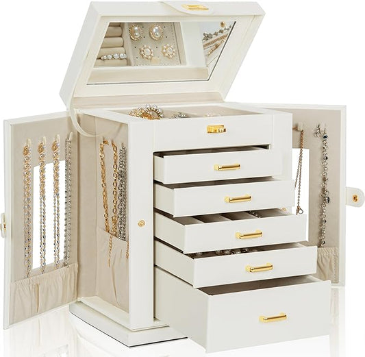 AKOZLIN Jewelry Box 6-Tier Organizer Functional 360° Rotating Jewelry Storage Case for Women Girls Ring Necklace Earring Bracelet Holder with Mirror