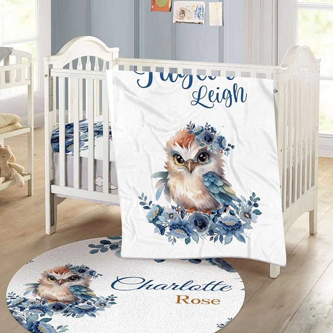 Personalized Baby Crib Bedding Set - Custom Name Owl Pattern 3 Pcs Set - Soft Blanket with Double Layer Dotted Backing, Fitted Sheet, Room Rug for Newborns Boys Girls Shower Gift