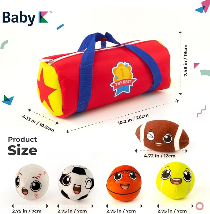 My First Sports Bag with 5 Plush Sports Balls - Rattle Ball with Sound - Sensory Toys for 1 Year Old - Toys for Toddler - Rattles Gift for 1 Year Old