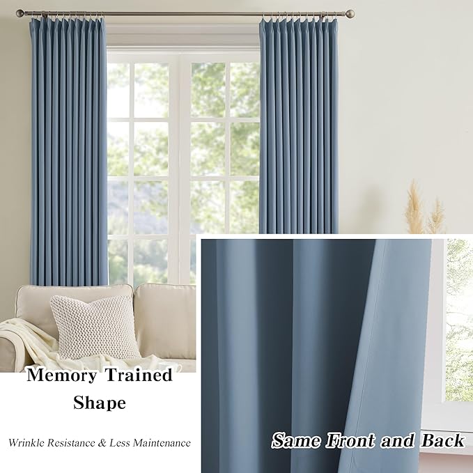 KEQIAOSUOCAI Dusty Blue Pleat Wide Width Drapes 80 x 84 inch Long 2 Panels - Thermal Insulated Room Divider Curtains for Bedroom/Living Room/Patio, Pinch Pleated Curtain Panel with Hooks