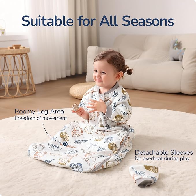 Baby Sleep Sack 6-12 Months, Cotton Detachable Long Sleeve Sleep Sack, 2.5 Tog Toddler Sleeping Sack with Temperature Strips, 2-Way Zipper Wearable Blankets for Newborns, Ocean
