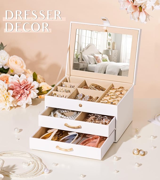 White Jewelry Box Organizer: Home Decor for Women - 2-Drawer Holder for Valentine’s Day Birthday Christmas White Gold