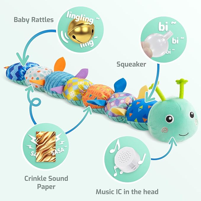 Sumobaby Baby Toys Musical Caterpillar, Stuffed Animal Activity Soft Toys with Teether,Multi-Sensory Crinkle, Rattle and Textures, for Tummy Time Baby Toys 0 to 12 Months Boys,Girls,Caterpillar(Blue)