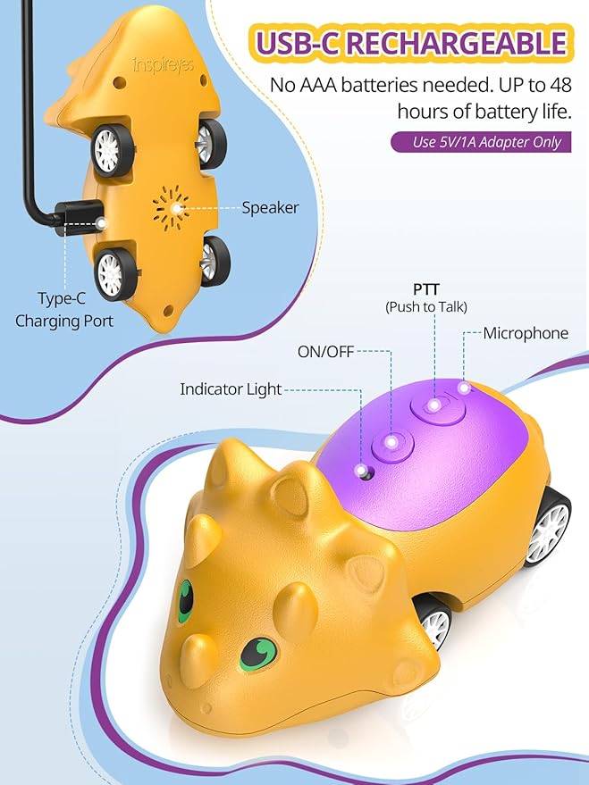 Dinosaur Walkie Talkies for Kids Rechargeable, Dino Toy Cars for Boys & Girls Ages 3-7, Crystal-Clear Audio, 48H Play, Fun Indoor & Backyard, Birthday Xmas Gifts for Toddler, 2 Pack