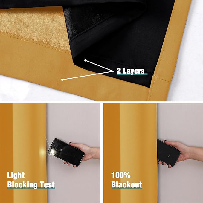 ChrisDowa 100% Blackout Curtains 120 inch Long for Bedroom with Black Liner, 2 Thick Layers Total Blackout Thermal Insulated Grommet Long Window Curtains 2 Panels Set (Mustard Yellow, 52 x 120 Inch)