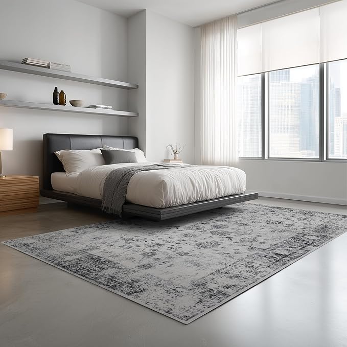 9x12 Area Rug Living Room Rugs, Stain Resistant Washable Rug, Vintage Large Non-Slip Backing, Low Pile Lightweight Print Rug for Bedroom Dinning Room Home Office (White/Grey)
